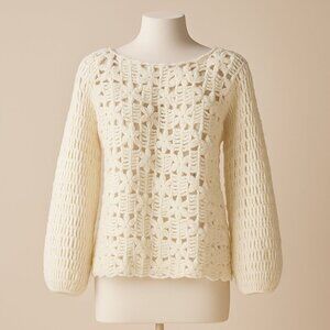 Crochet Sweater White Luxe Floral Pullover Elegant Boho Chic Knit Top Size M